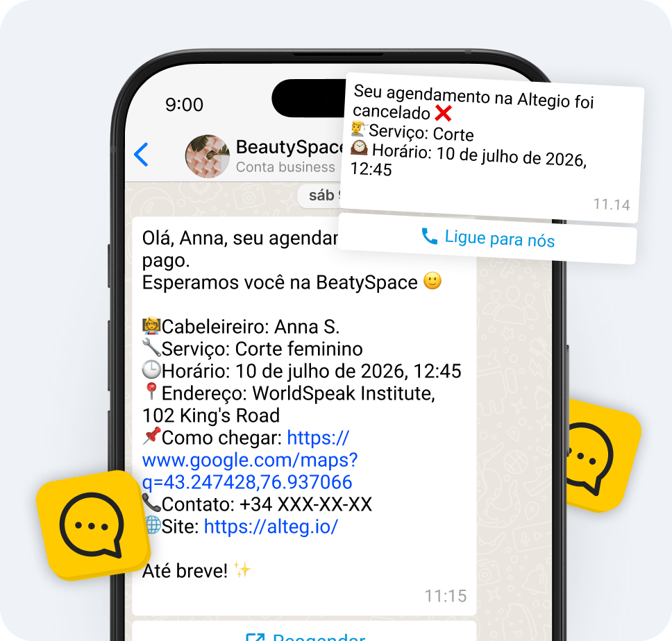 smartphone screen showing a canceled altegio appointment haircut at 1245 pm on july 10 2026 with address and map link details | altegio