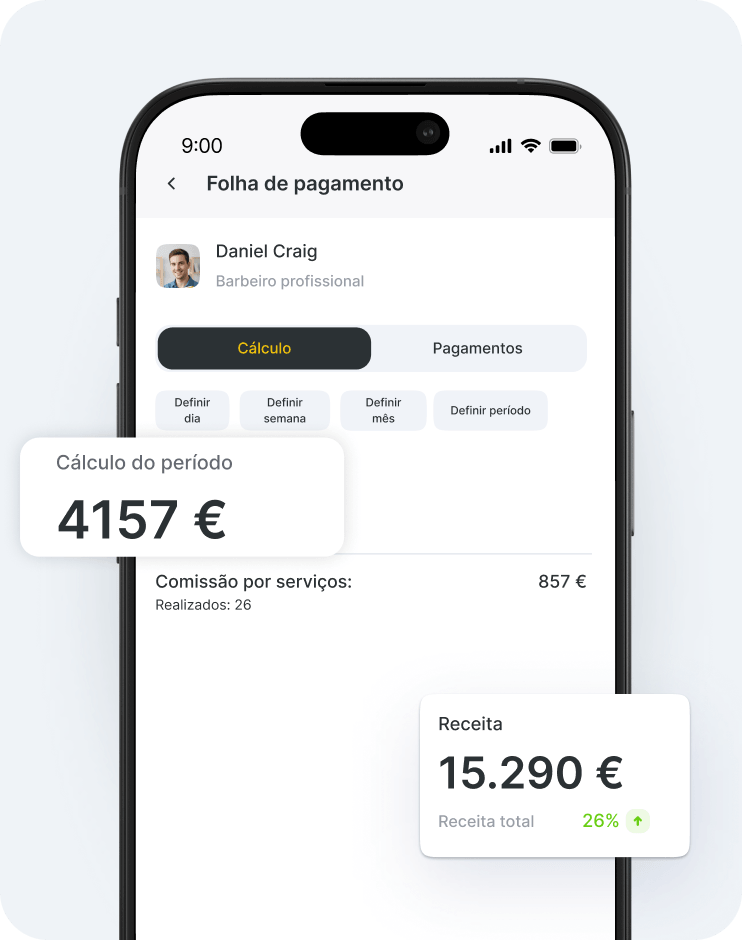 mobile salary dashboard employee profile calculation tab and floating cards showing 4157 € 857 € and 15290 € | altegio