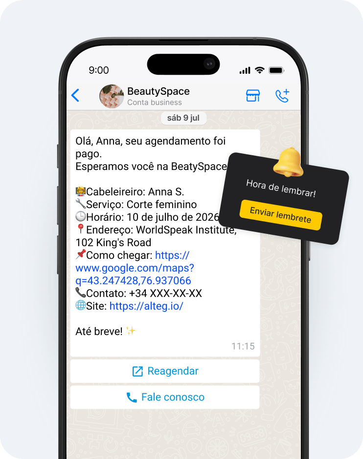 chat conversation showing paid beautyspace appointment details for anna s including service time address map link contact and website reminder card overlay | altegio