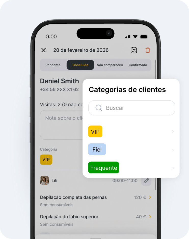 phone screen showing a &aposclient categories&apos modal with a search field and colored category tags vip yellow loyal blue permanent green | altegio