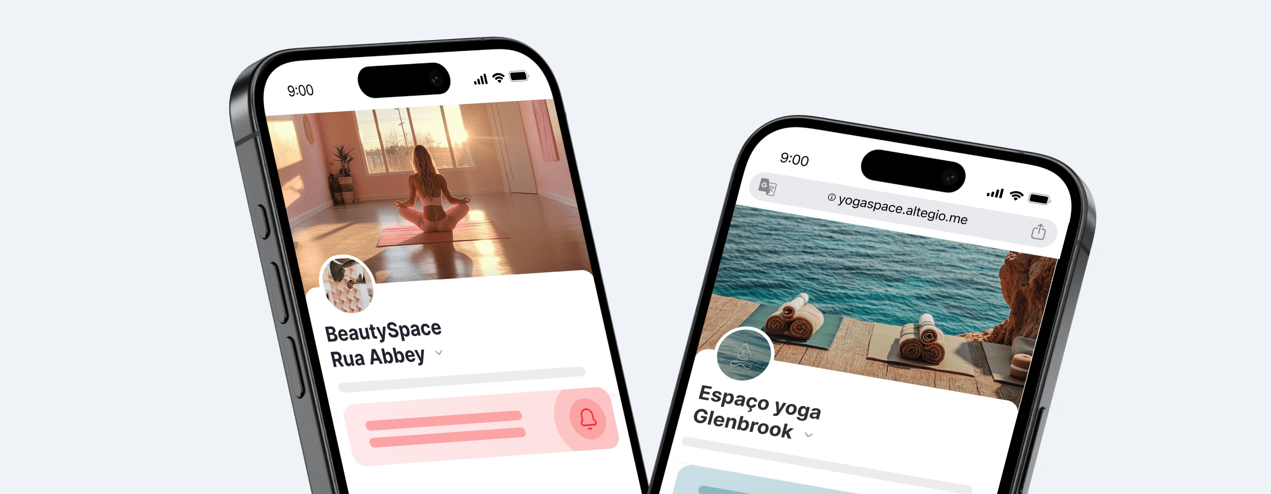 two tilted smartphones display yoga app screens with surrounding social icons facebook messenger instagram on a bright abstract background | altegio