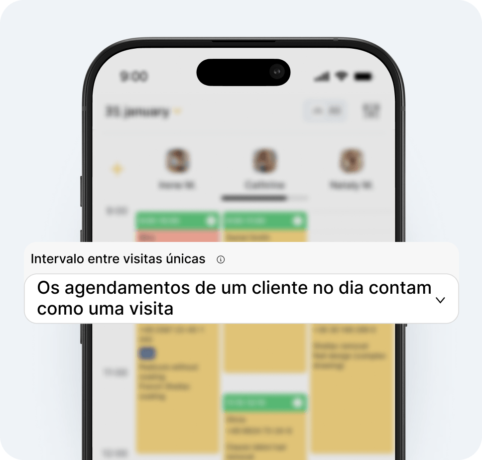mobile app screen showing an analytics panel with a large white card that reads all clients bookings in a day count as one visit | altegio