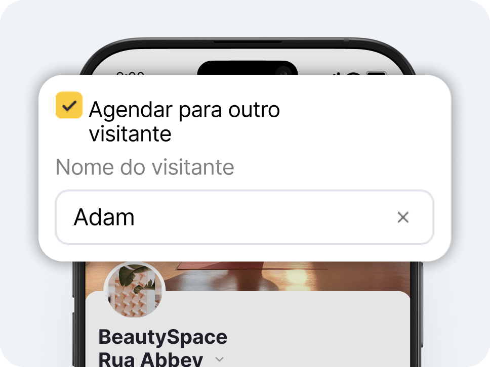 modal dialog titled &aposbook for another visitor&apos with a yellow checkmark icon asking for visitor name and showing &aposadam&apos as the entry with a close button | altegio