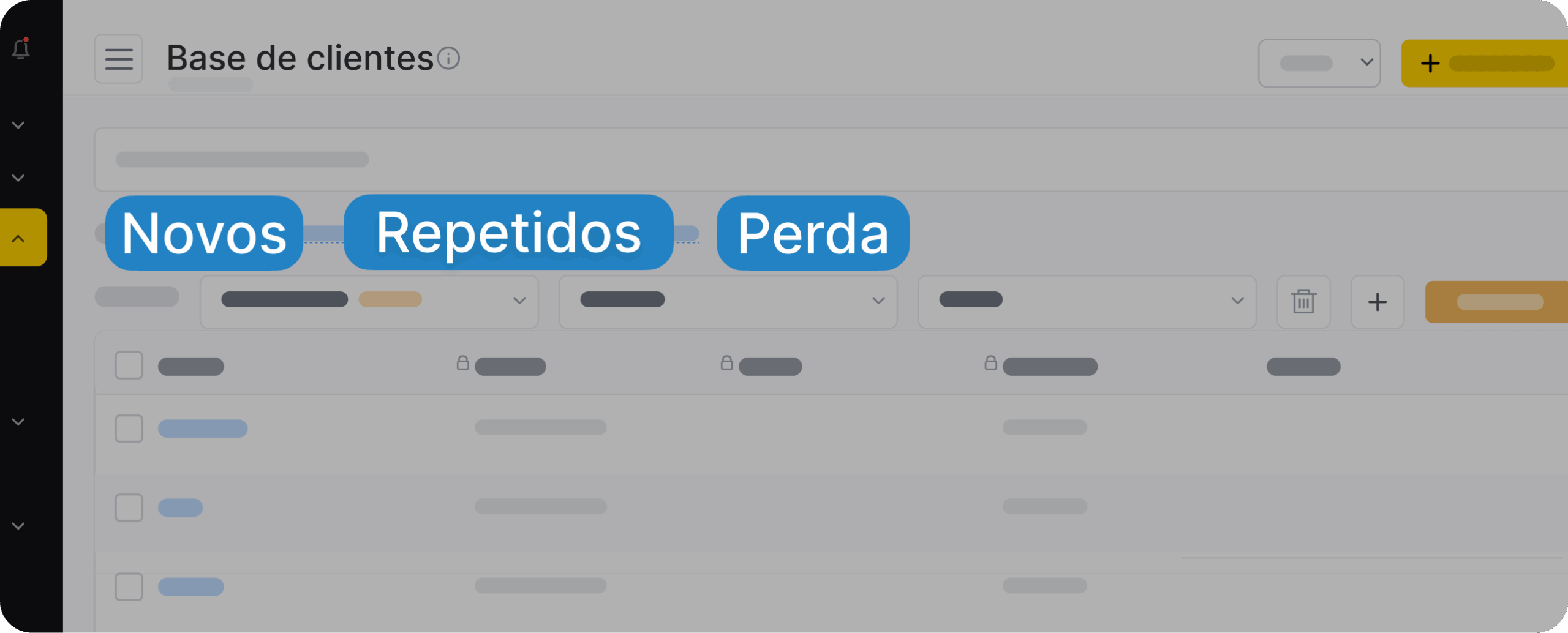 Cabeçalho do painel do CRM “banco de dados de clientes” com três ícones azuis rotulados como “novo”, “recorrente” e “perdido” em uma interface cinza | altegio | altegio