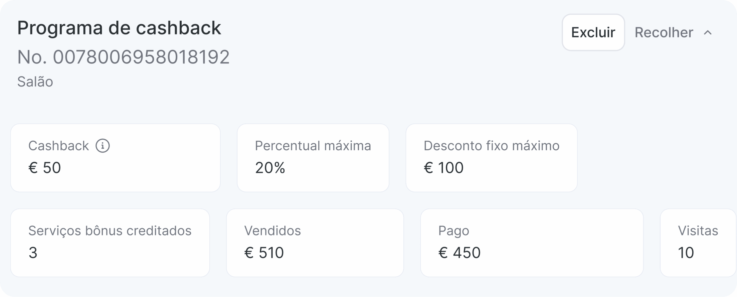 Painel do programa de cashback para salão de beleza com métricas: cashback de €15, desconto máximo de 20, desconto fixo máximo de €100, serviços bônus creditados: 3 vendidos, €510 pagos, €45, visitas: 10 | altegio | altegio