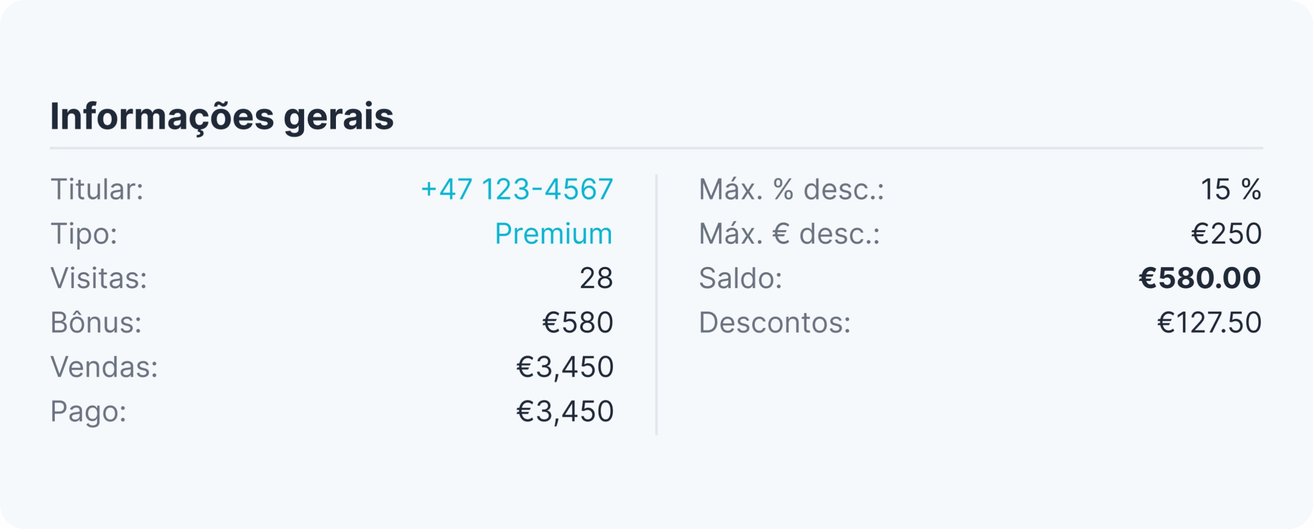 general information card showing account details owner +47 123 4567 type premium visits 28 bonuses €580 sold €3450 paid €3450 right column shows max 15 disc max €250 balance €58000 discounts €12750 | altegio | altegio