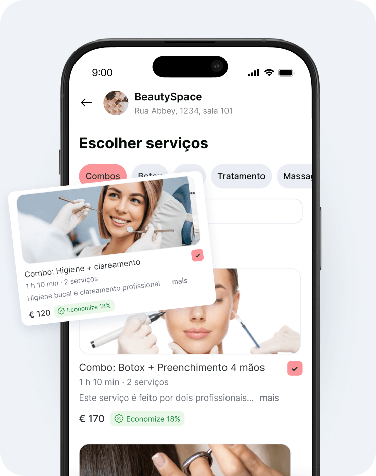 mobile app ui for a beauty clinic showing &aposselect services&apos with rounded category tabs and floating service cards | altegio