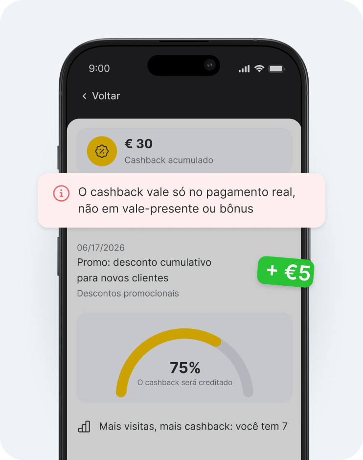Tela do aplicativo móvel exibindo um painel de cashback com um banner informativo sobre a elegibilidade para pagamento real, um selo de +€5 e um arco de progresso de 75 | altegio | altegio
