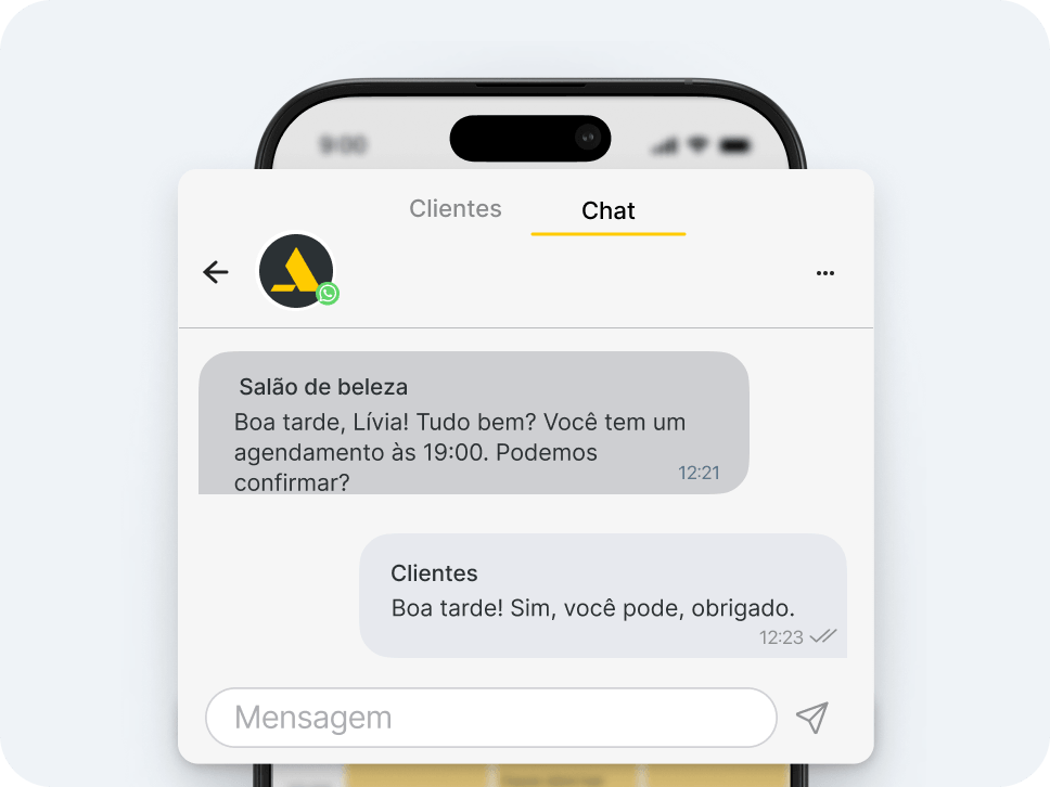 mobile chat app ui header with profile icon and &aposclients&apos and &aposchat&apos tabs current tab underlined in yellow | altegio
