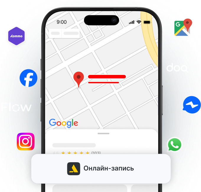 phone screen shows a map with a red location pin and route lines a floating &aposonline booking&apos banner and surrounding social app logos facebook instagram whatsapp etc suggesting sharing or booking | altegio | altegio
