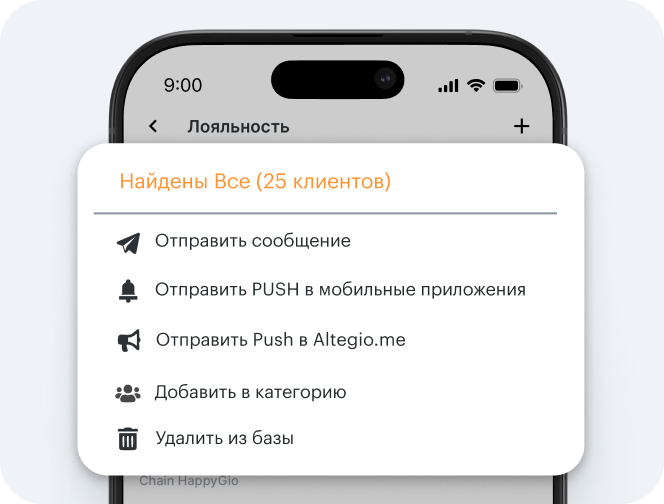 Экран с мобильным модальным окном под названием «Выбрано 25 клиентов», содержащим следующие варианты действий: отправить сообщение, отправить push-уведомление в приложение, отправить push-уведомление в Altegio, добавить в категорию, удалить из базы данных | Altegio | Altegio
