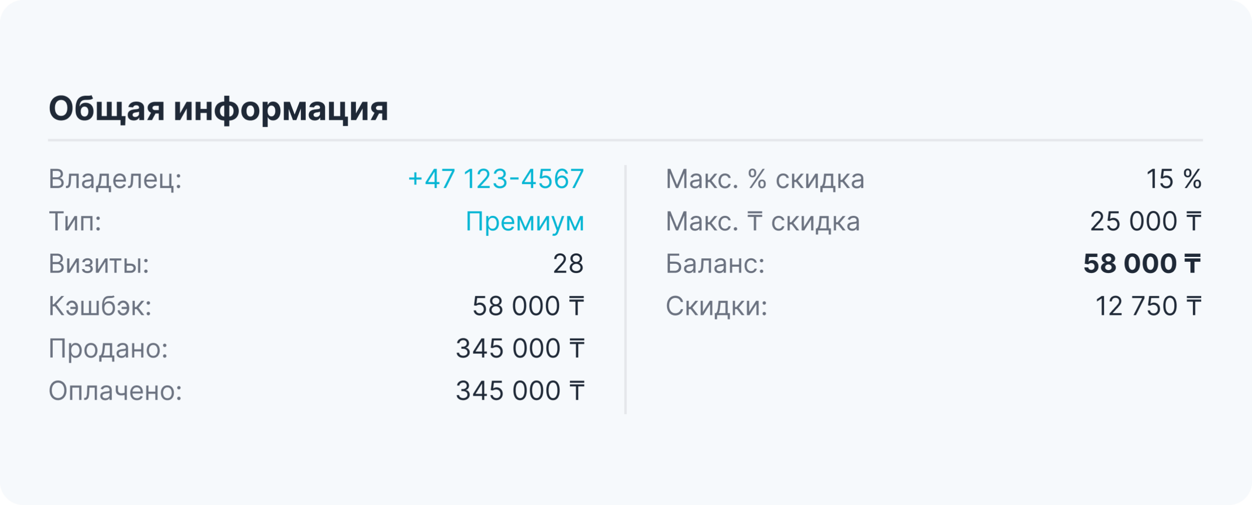 general information card showing account details owner +47 123 4567 type premium visits 28 bonuses €580 sold €3450 paid €3450 right column shows max 15 disc max €250 balance €58000 discounts €12750 | altegio | altegio