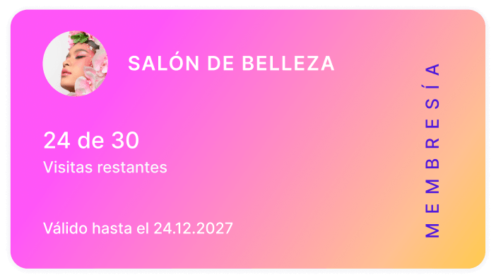 beauty salon membership card with pink to orange gradient round profile photo top left title text &apos24 of 30 visits remaining&apos &aposvalid until 24122027&apos and vertical &aposmembership&apos along the right edge | altegio