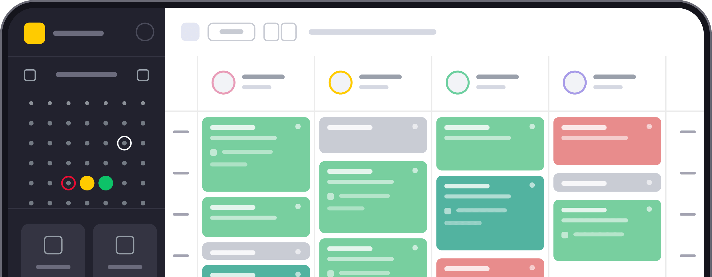 dark left navigation panel with circular icons beside a white grid based dashboard of color coded cards on a light background | altegio