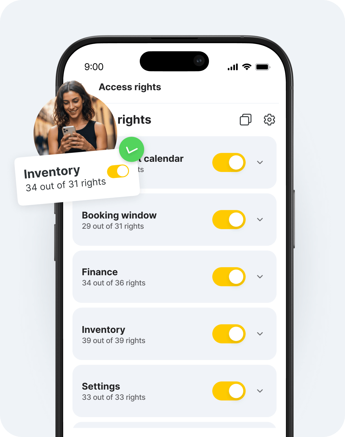 mobile app screen titled &aposaccess rights&apos with a list of rights inventory calendar booking window finance settings each with yellow toggle switches a user avatar overlaps the left edge | altegio | altegio