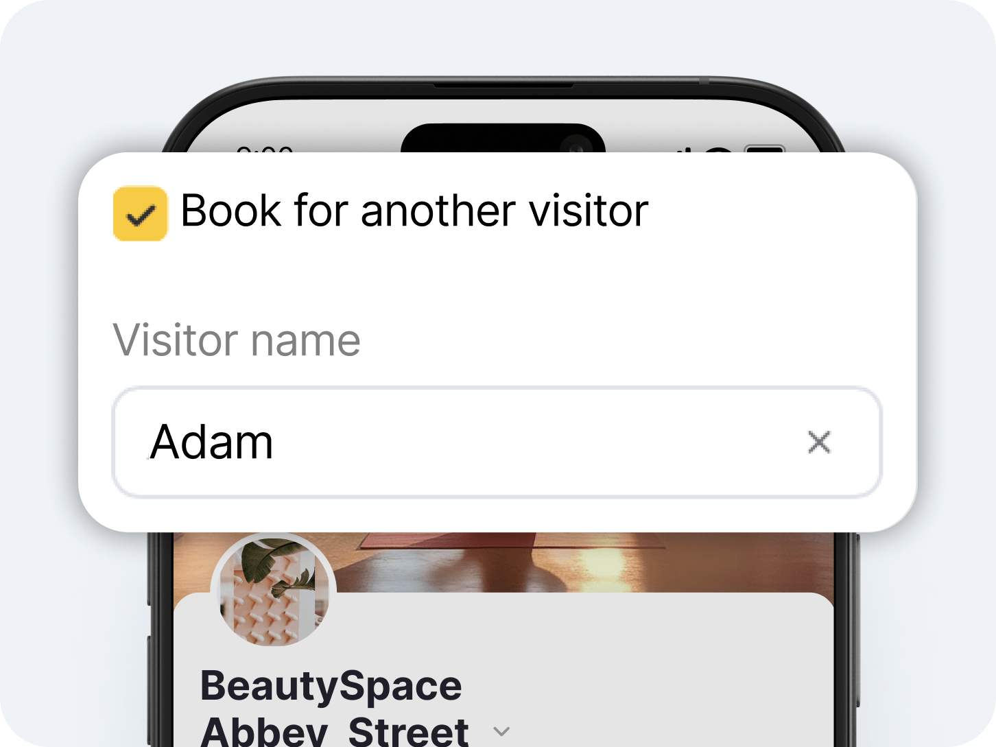 modal dialog titled &aposbook for another visitor&apos with a yellow checkmark icon asking for visitor name and showing &aposadam&apos as the entry with a close button | altegio | altegio