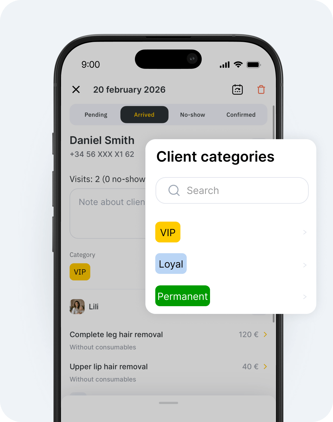 phone screen showing a &aposclient categories&apos modal with a search field and colored category tags vip yellow loyal blue permanent green | altegio | altegio