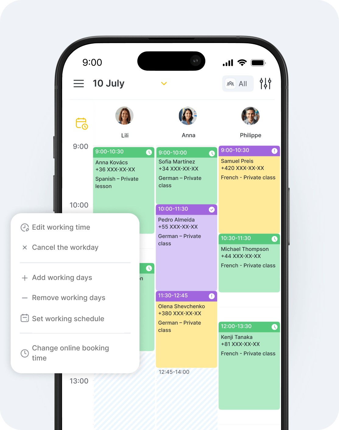 color coded weekly schedule on a mobile calendar with user avatars at the top and a floating menu showing edit and scheduling options overlaid on the screen | altegio | altegio
