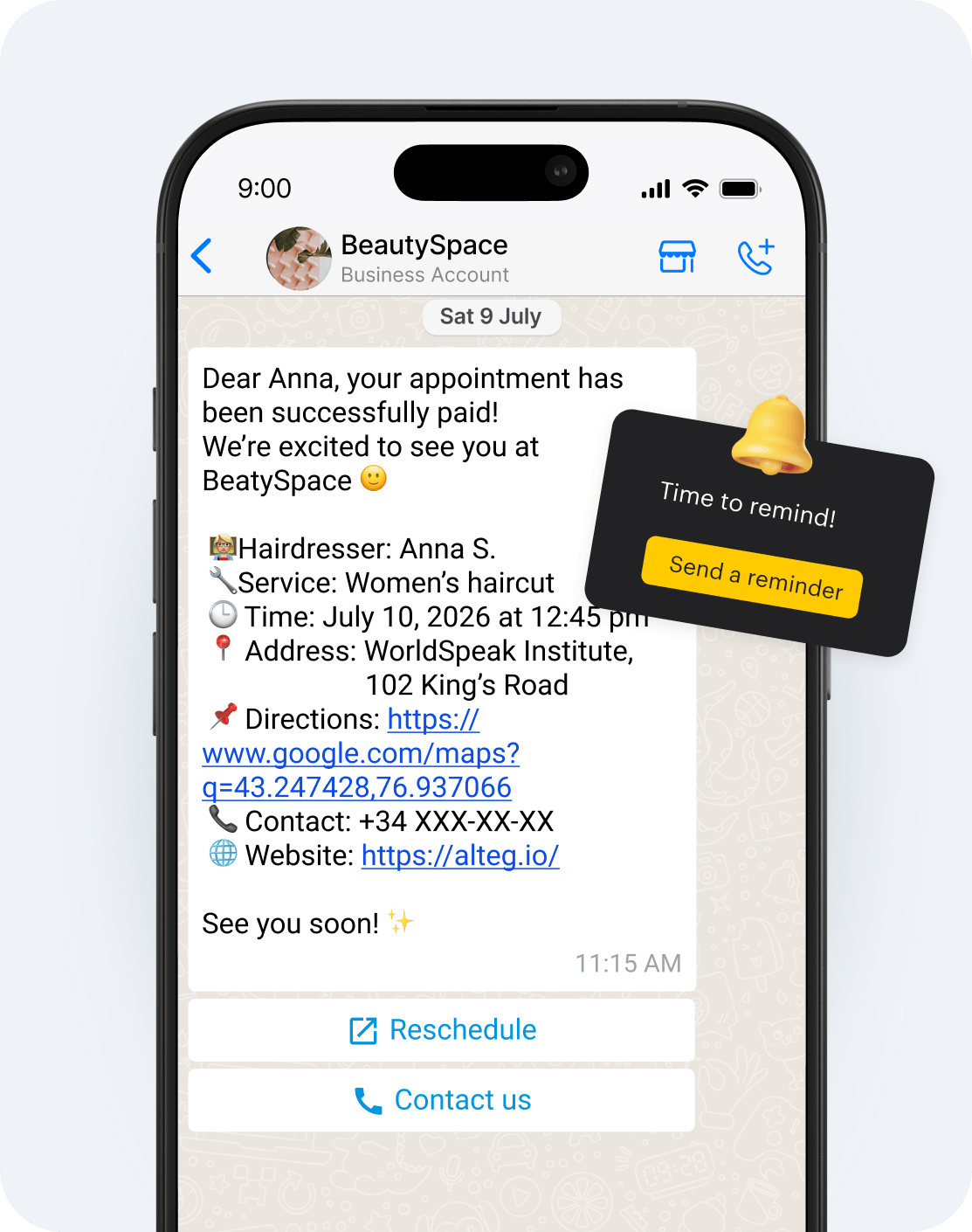chat conversation showing paid beautyspace appointment details for anna s including service time address map link contact and website reminder card overlay | altegio | altegio