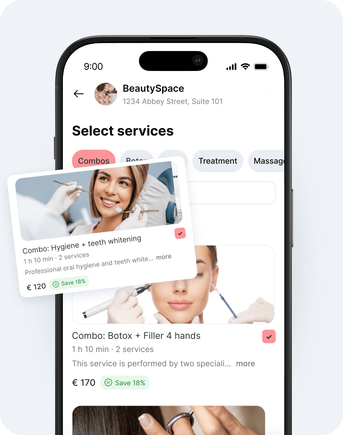 mobile app ui for a beauty clinic showing &aposselect services&apos with rounded category tabs and floating service cards | altegio | altegio