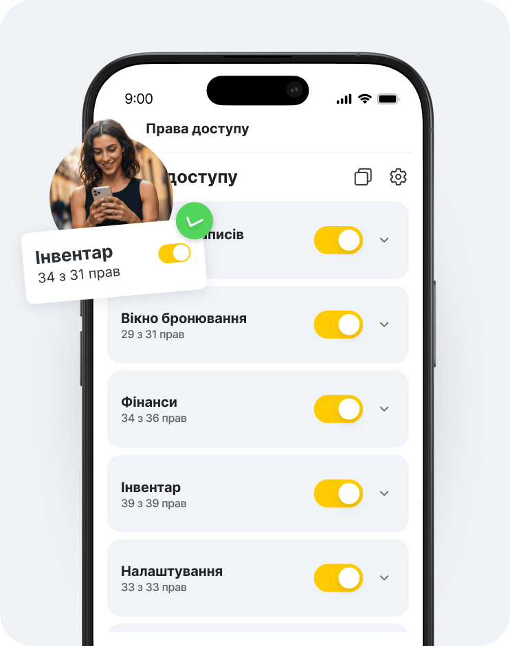 mobile app screen titled &aposaccess rights&apos with a list of rights inventory calendar booking window finance settings each with yellow toggle switches a user avatar overlaps the left edge | altegio