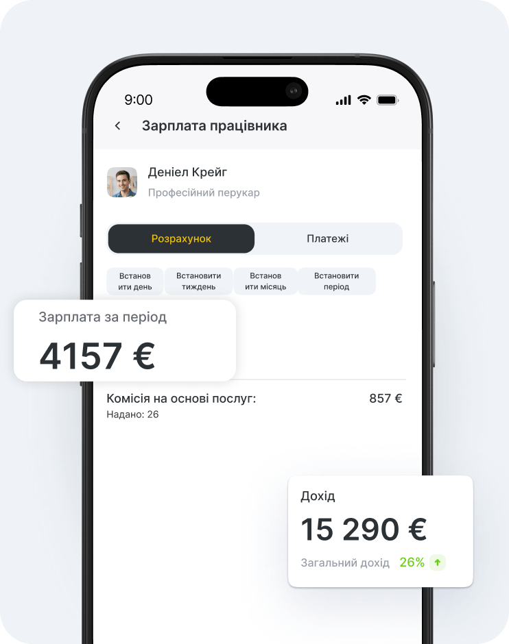 mobile salary dashboard employee profile calculation tab and floating cards showing 4157 € 857 € and 15290 € | altegio