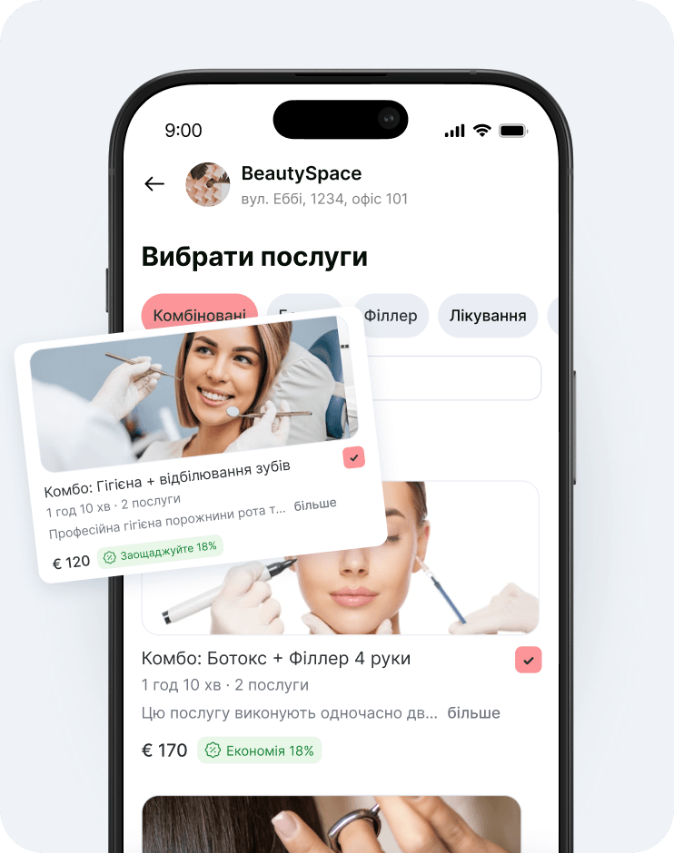 mobile app ui for a beauty clinic showing &aposselect services&apos with rounded category tabs and floating service cards | altegio