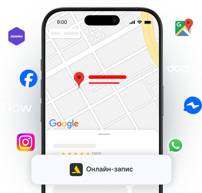 phone screen shows a map with a red location pin and route lines a floating &aposonline booking&apos banner and surrounding social app logos facebook instagram whatsapp etc suggesting sharing or booking | altegio