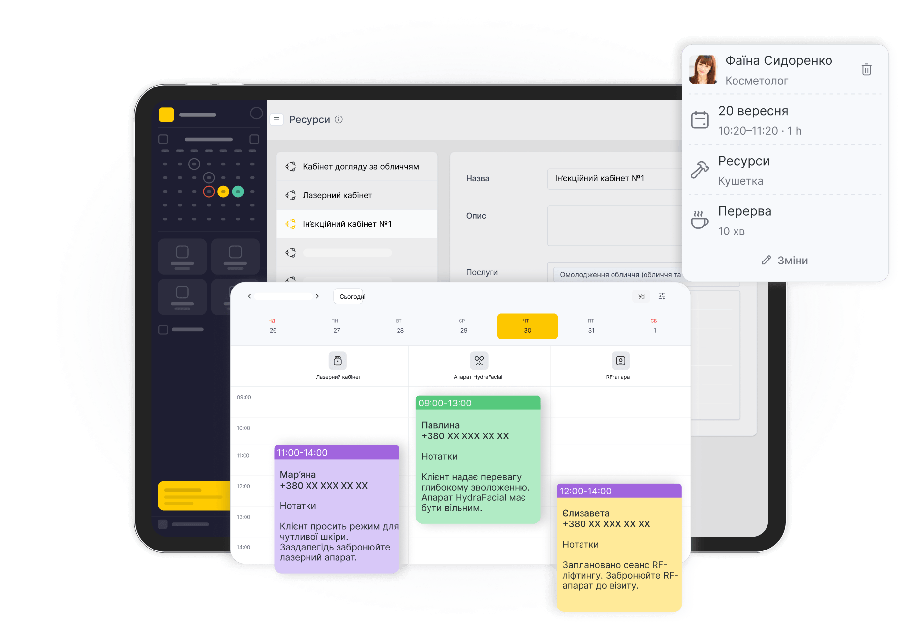 tablet screen showing a scheduling dashboard with a calendar color coded appointment cards and a floating contact card | altegio