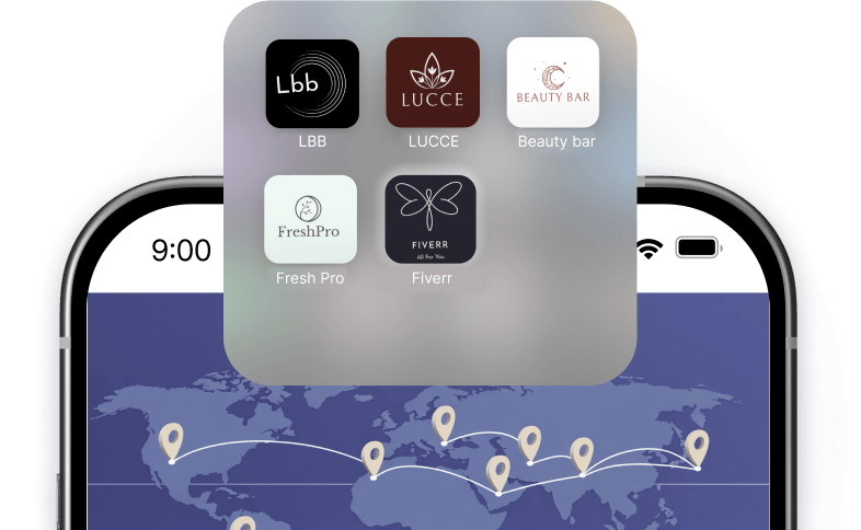 phone screen showing a folder of six app icons lbb lucce beauty bar fresh pro fiverr over a world map with location pins | altegio
