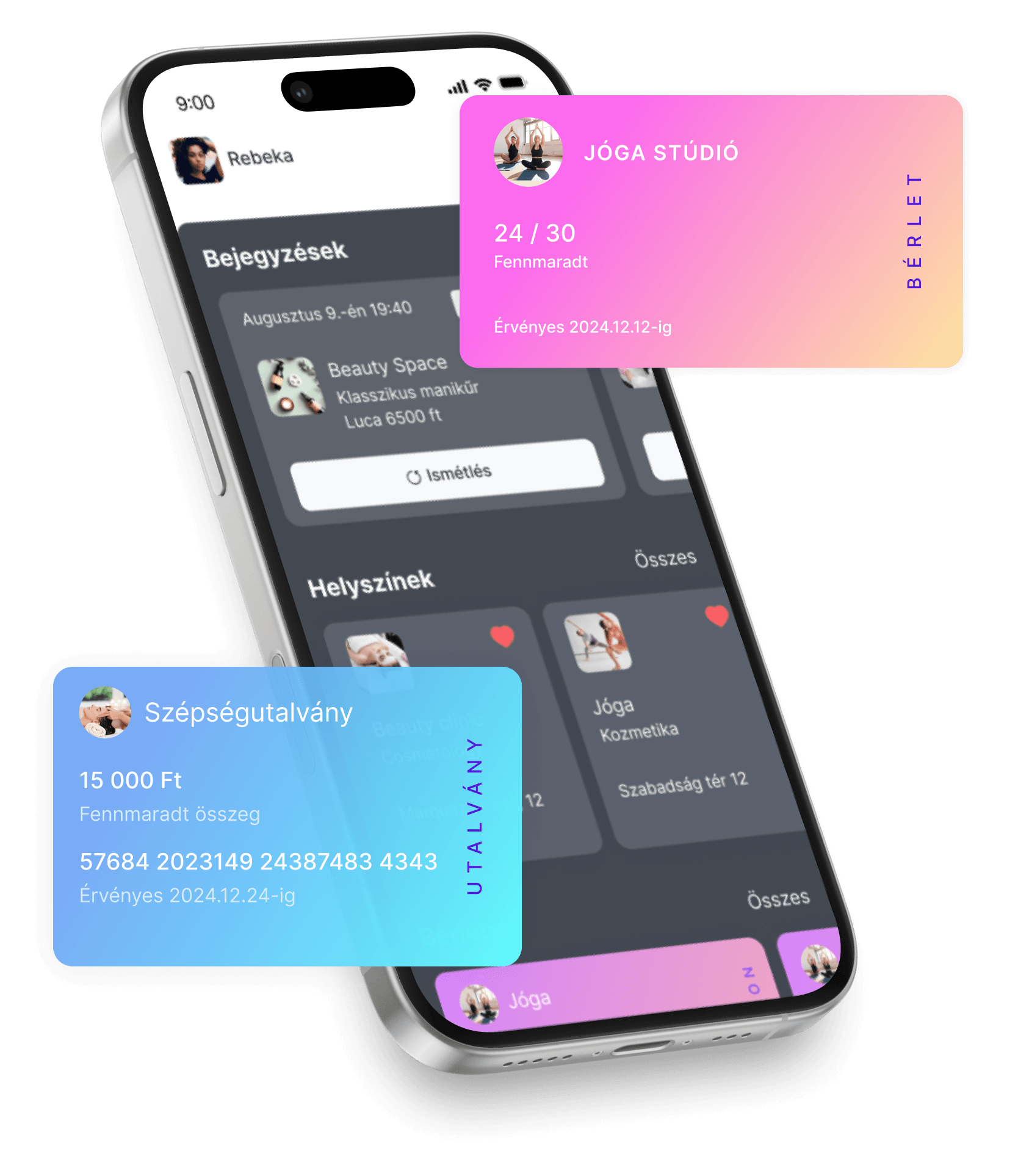 smartphone screen with a digital wallet showing overlapping loyalty cards yoga studio pink gradient and aesthetic clinic blue plus a gift card over a dark booking app interface | altegio | altegio