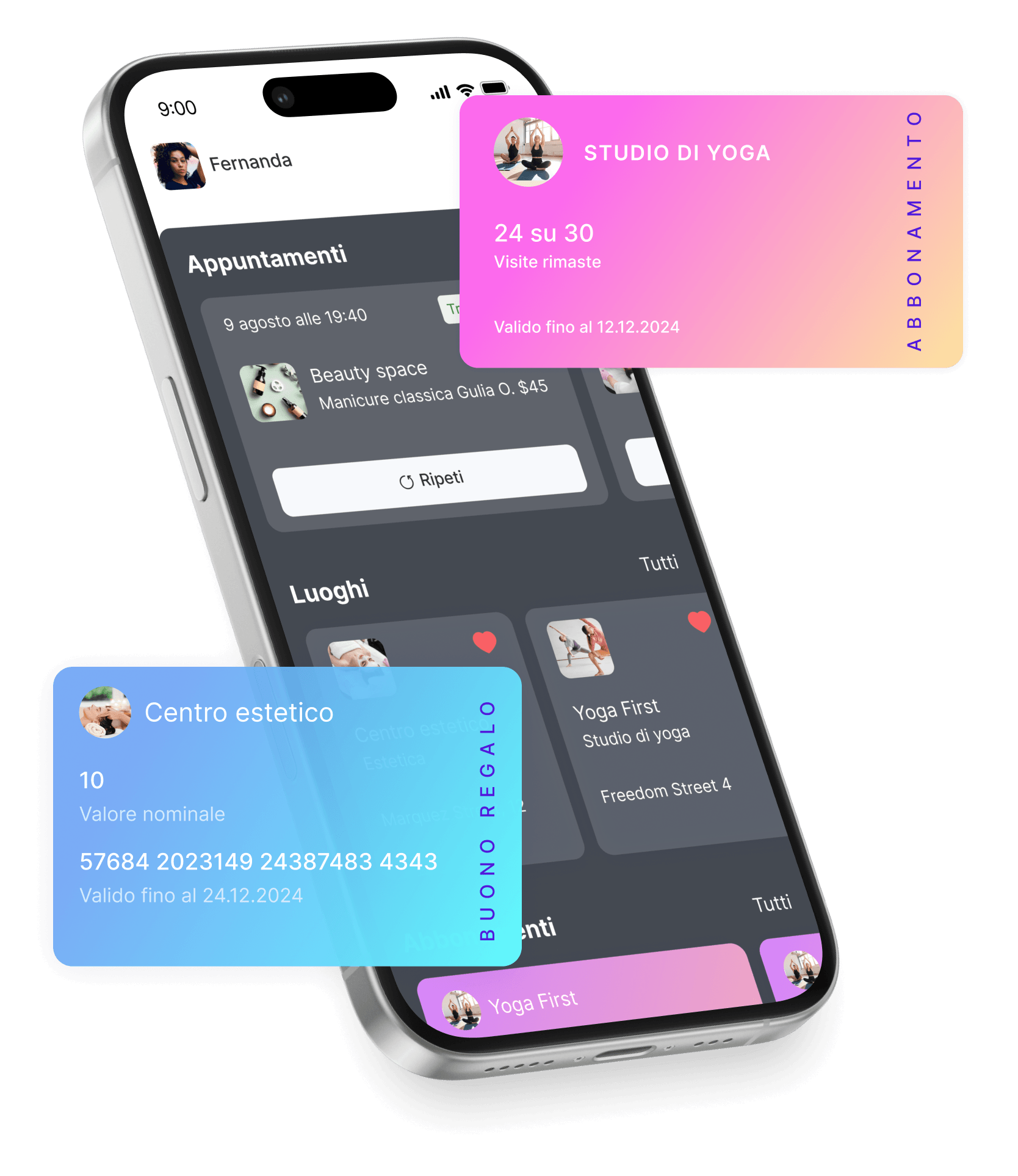 smartphone screen showing a dark bookings page with overlapping pink gradient &aposyoga studio&apos gift card in a 3d perspective | altegio | altegio