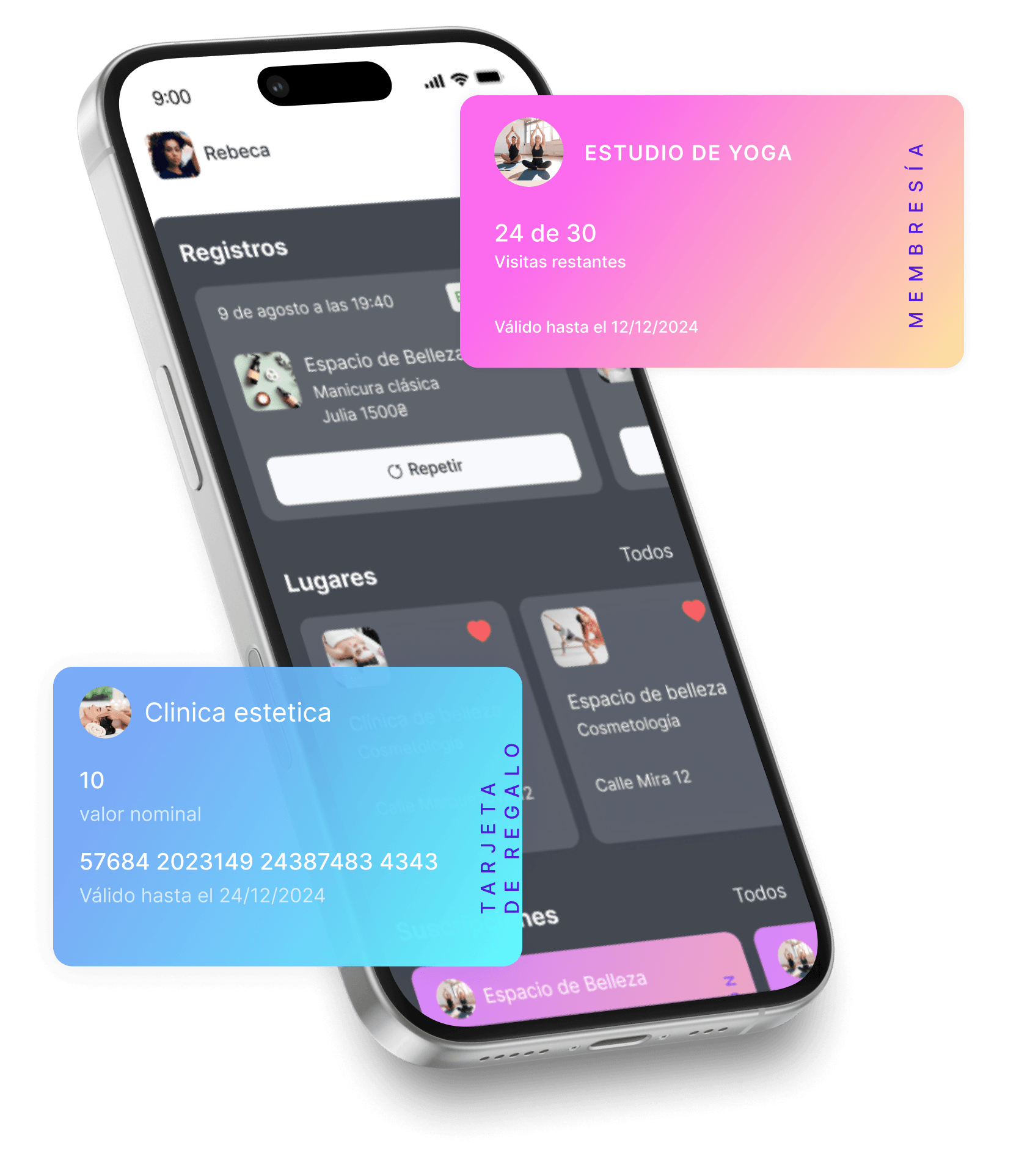 smartphone screen with a digital wallet showing overlapping loyalty cards yoga studio pink gradient and aesthetic clinic blue plus a gift card over a dark booking app interface | altegio | altegio