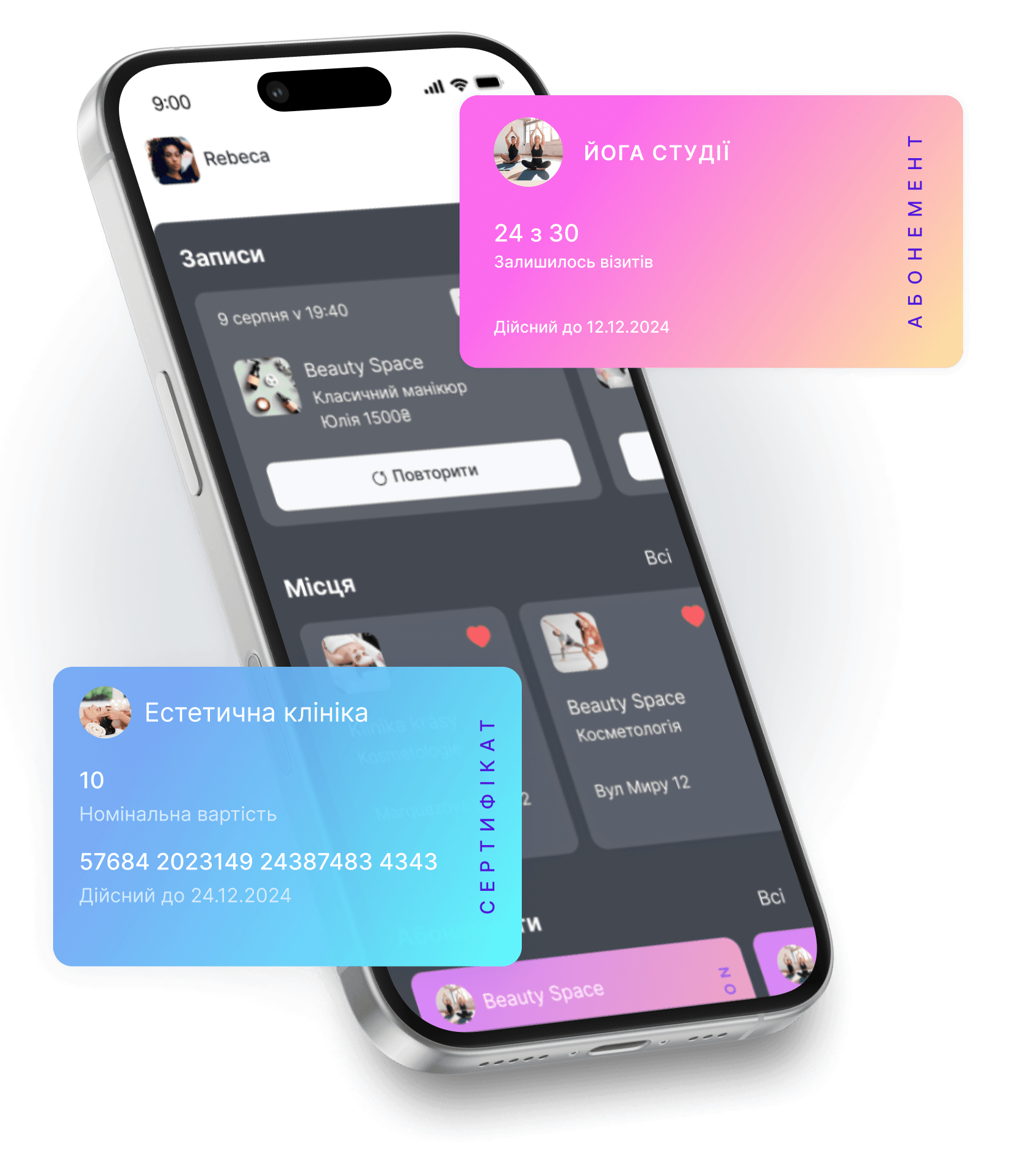 smartphone screen with a digital wallet showing overlapping loyalty cards yoga studio pink gradient and aesthetic clinic blue plus a gift card over a dark booking app interface | altegio | altegio