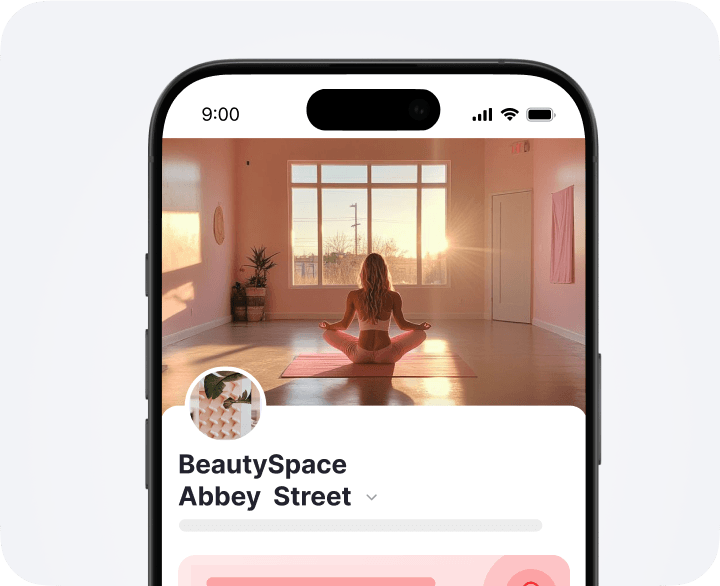 Mobile screen showing a yoga studio profile header; person meditating on a mat at sunset, with the BeautySpace Abbey Street name and round avatar.