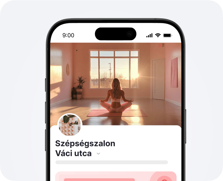 Mobile screen showing a yoga studio profile header; person meditating on a mat at sunset, with the BeautySpace Abbey Street name and round avatar.