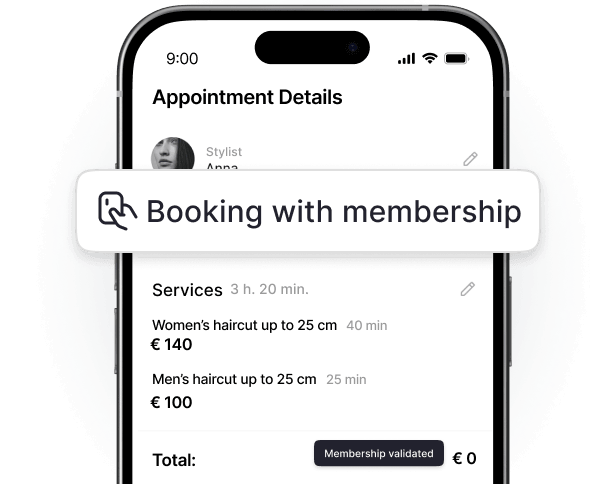 mobile screen showing &aposbooking with membership&apos banner over an appointment summary with services and prices total shows €0 due to membership | altegio