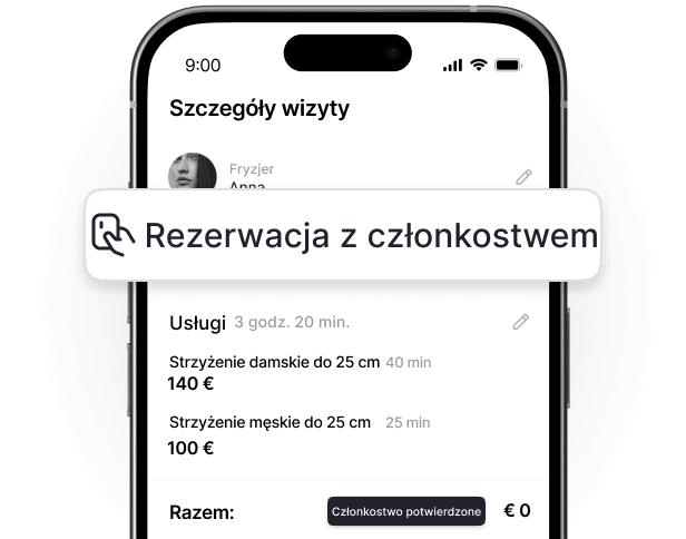 mobile screen showing &aposbooking with membership&apos banner over an appointment summary with services and prices total shows €0 due to membership | altegio | altegio