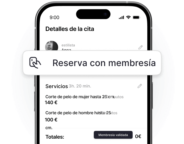 mobile screen showing &aposbooking with membership&apos banner over an appointment summary with services and prices total shows €0 due to membership | altegio | altegio