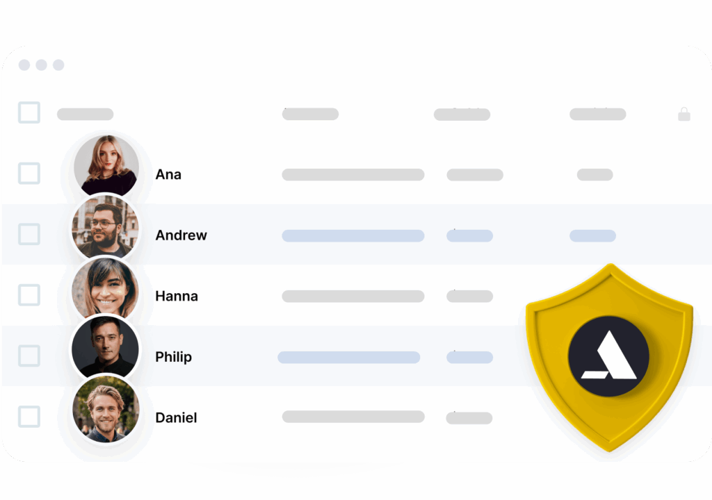 list of users with circular avatars and names ana andrew hanna philip daniel yellow shield graphic overlapping bottom right corner of the screen | altegio
