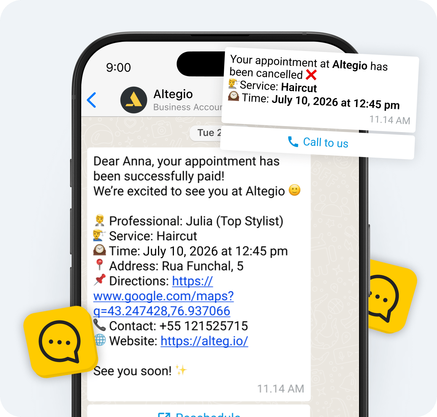 smartphone screen showing a canceled altegio appointment haircut at 1245 pm on july 10 2026 with address and map link details | altegio | altegio