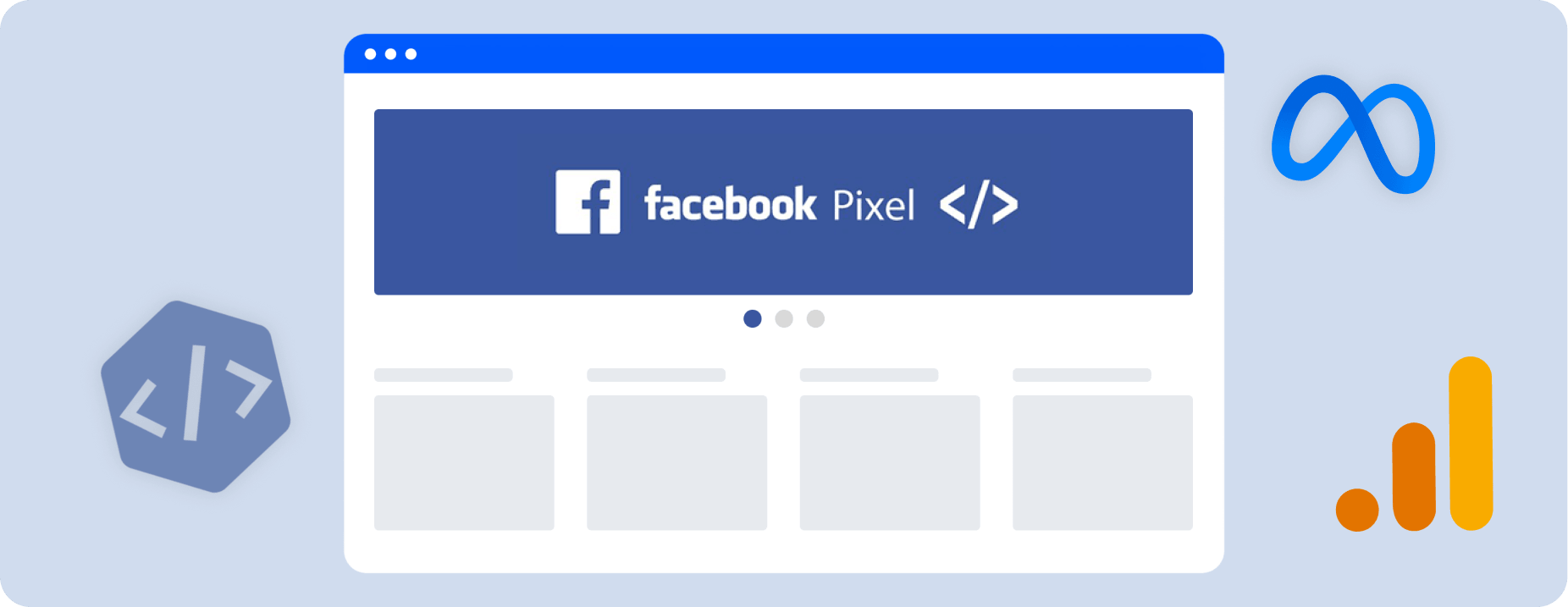 web browser window showing a facebook pixel banner with placeholder content and surrounding icons on a light blue background informative illustration | altegio