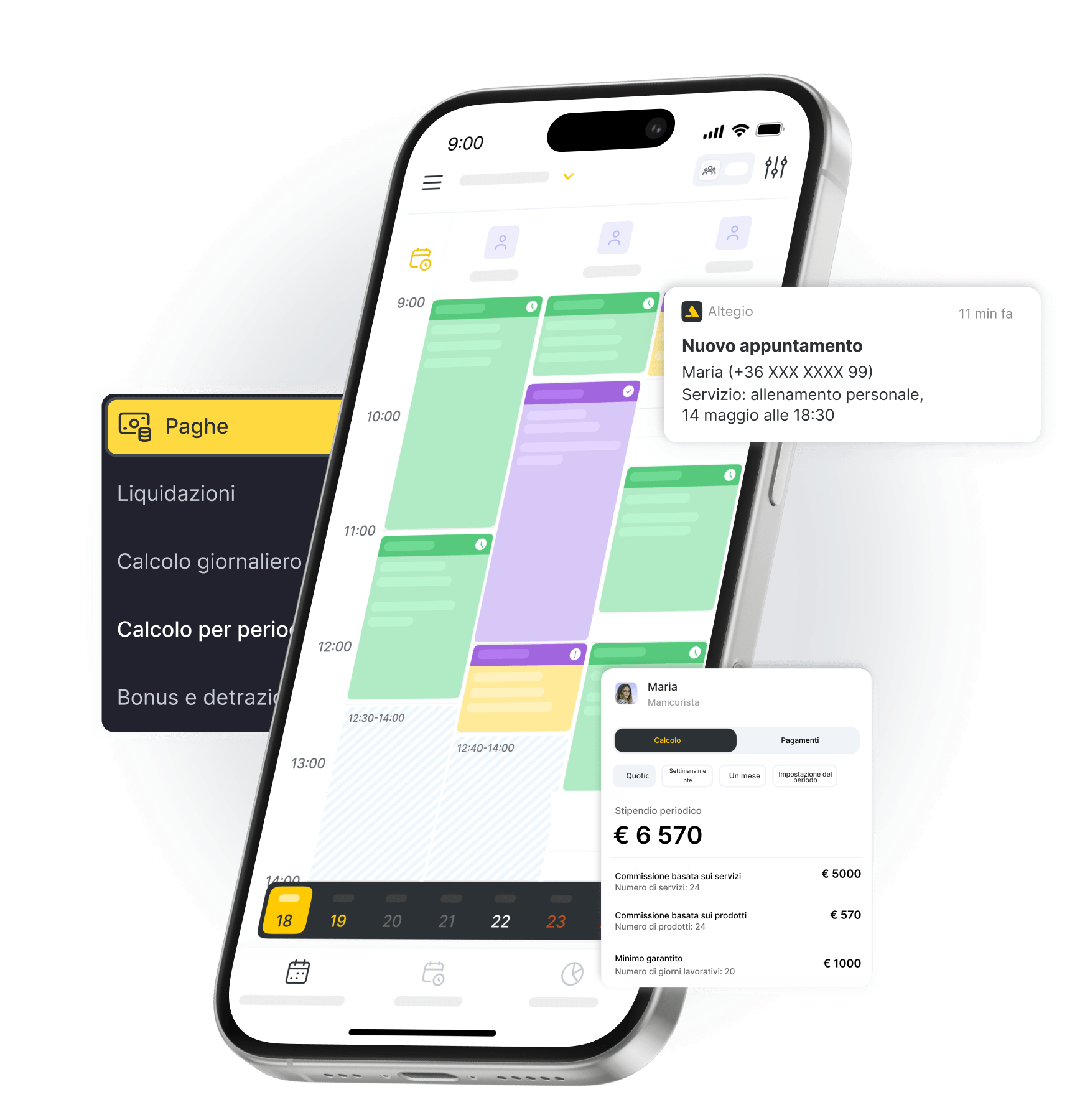 phone screen showing a multi color calendar schedule with a floating new appointment alert and payroll panel nearby | altegio | altegio