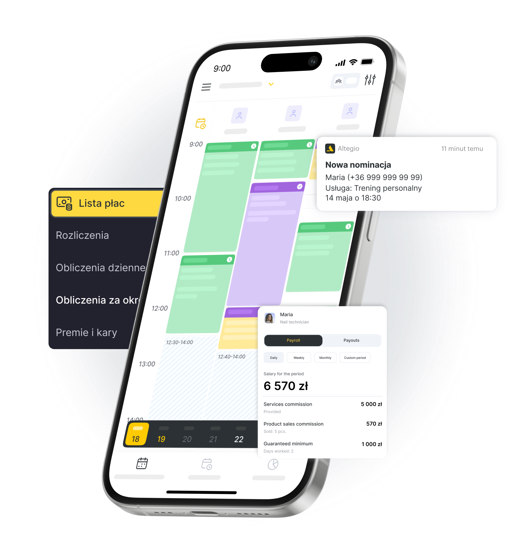smartphone displaying a colorful scheduling calendar with a payroll card overlay | altegio | altegio