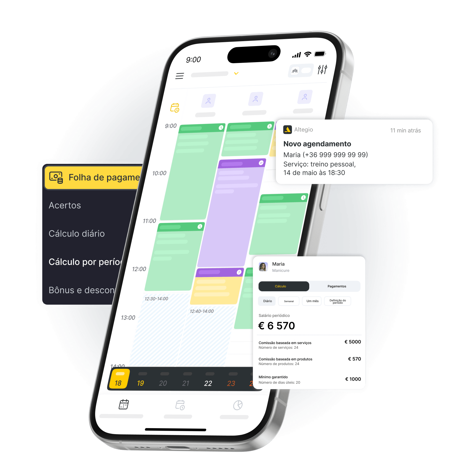 smartphone displaying a colorful scheduling calendar with a payroll card overlay | altegio