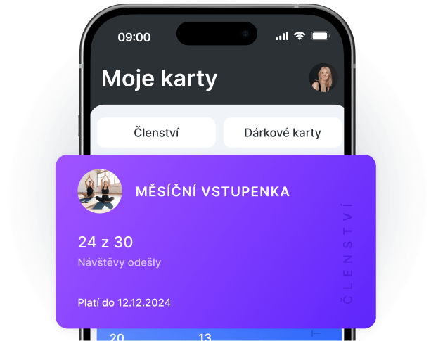 mobile app screen showing a purple monthly pass card 24 out of 30 visits left valid till 12122024 with memberships and gift cards tabs | altegio | altegio