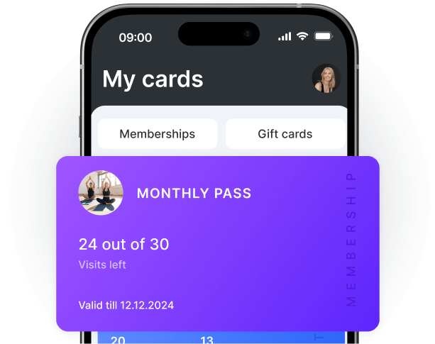 mobile app screen showing a purple monthly pass card 24 out of 30 visits left valid till 12122024 with memberships and gift cards tabs | altegio