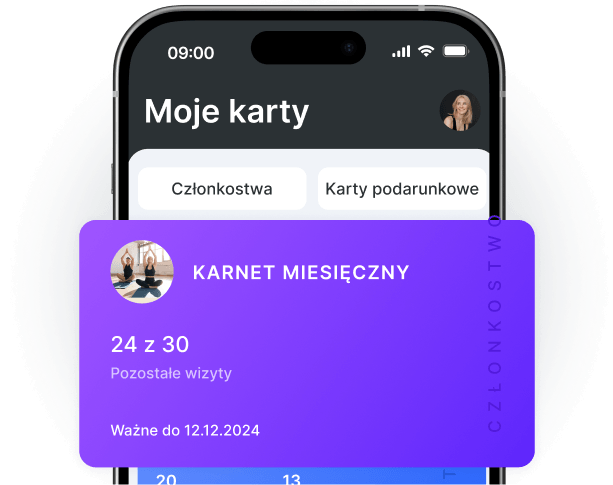 mobile app screen showing a purple monthly pass card 24 out of 30 visits left valid till 12122024 with memberships and gift cards tabs | altegio | altegio
