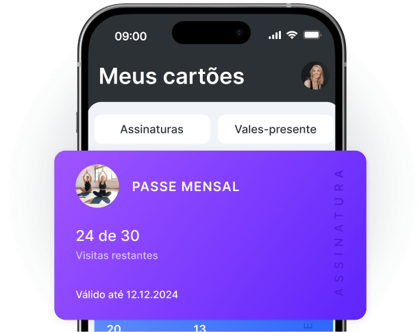 mobile app screen showing a purple monthly pass card 24 out of 30 visits left valid till 12122024 with memberships and gift cards tabs | altegio