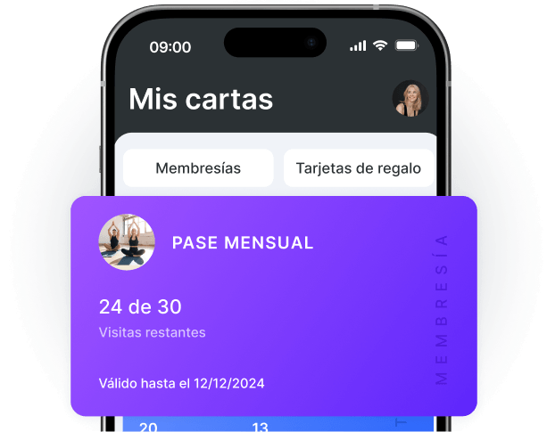 mobile app screen showing a purple monthly pass card 24 out of 30 visits left valid till 12122024 with memberships and gift cards tabs | altegio | altegio